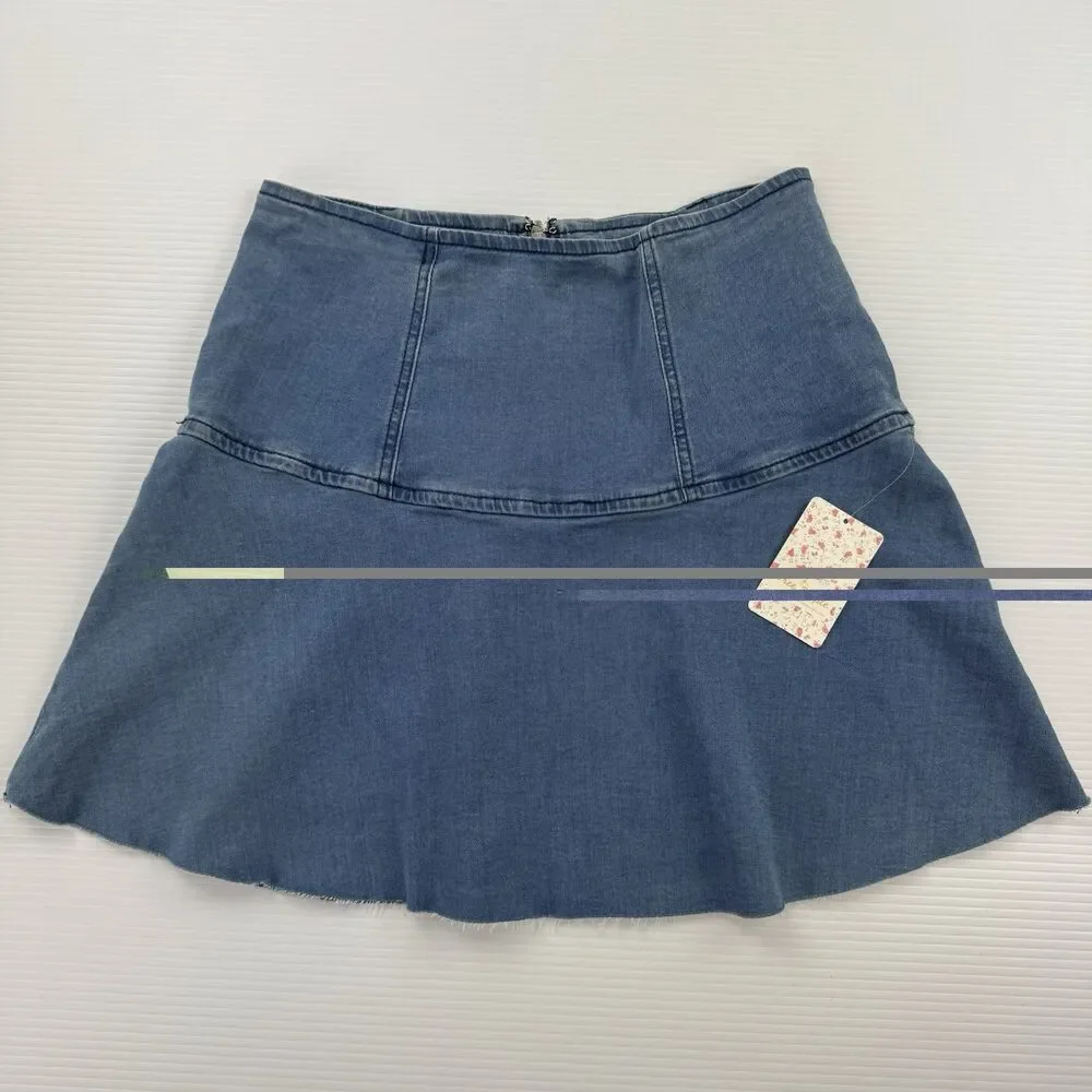 Free People Denim Mini Skirt Size 6 Blue Flare Raw Hem High Waist NWT $68